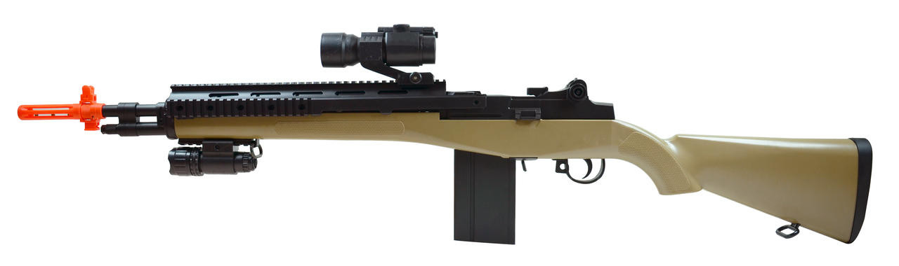 AGM M14 SoCom Spring Airsoft Rifle w/ Red Dot Scope & Flashlight, Tan