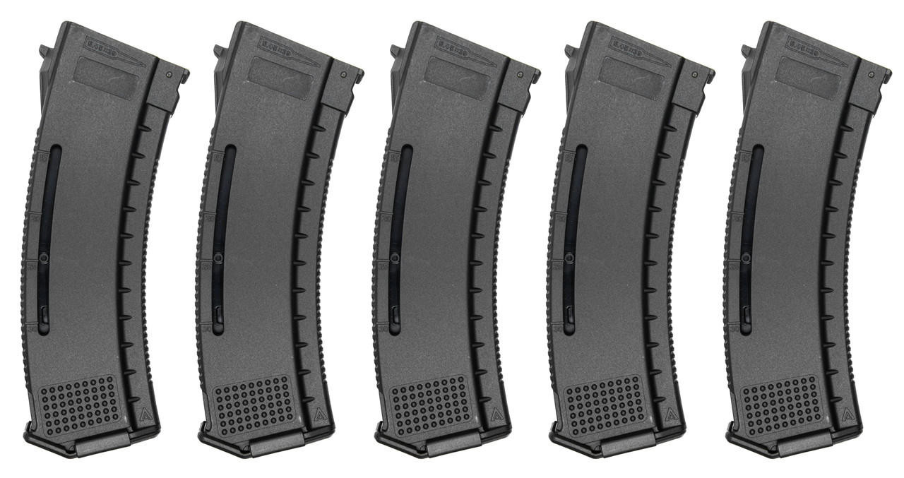 Arcturus Tactical AKM/AK74/AK12 Series 30/130rd Mid-Cap Airsoft Magazine, 5 Pack, Black