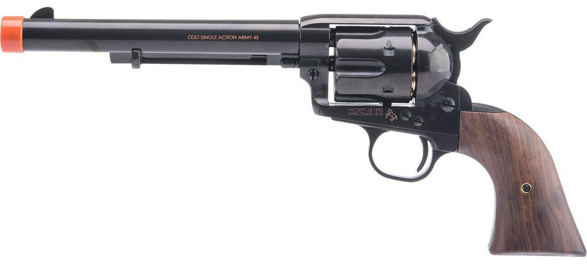 Colt SAA .45 Style Peacemaker Cavalry Barrel Gas Airsoft Revolver, Electroplated Black