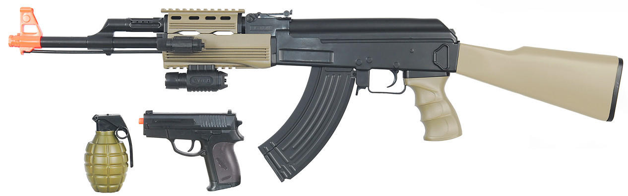CYMA Tactical AK47 AEG Airsoft Rifle Package w/ Plastic Gear, Dark Earth/Black