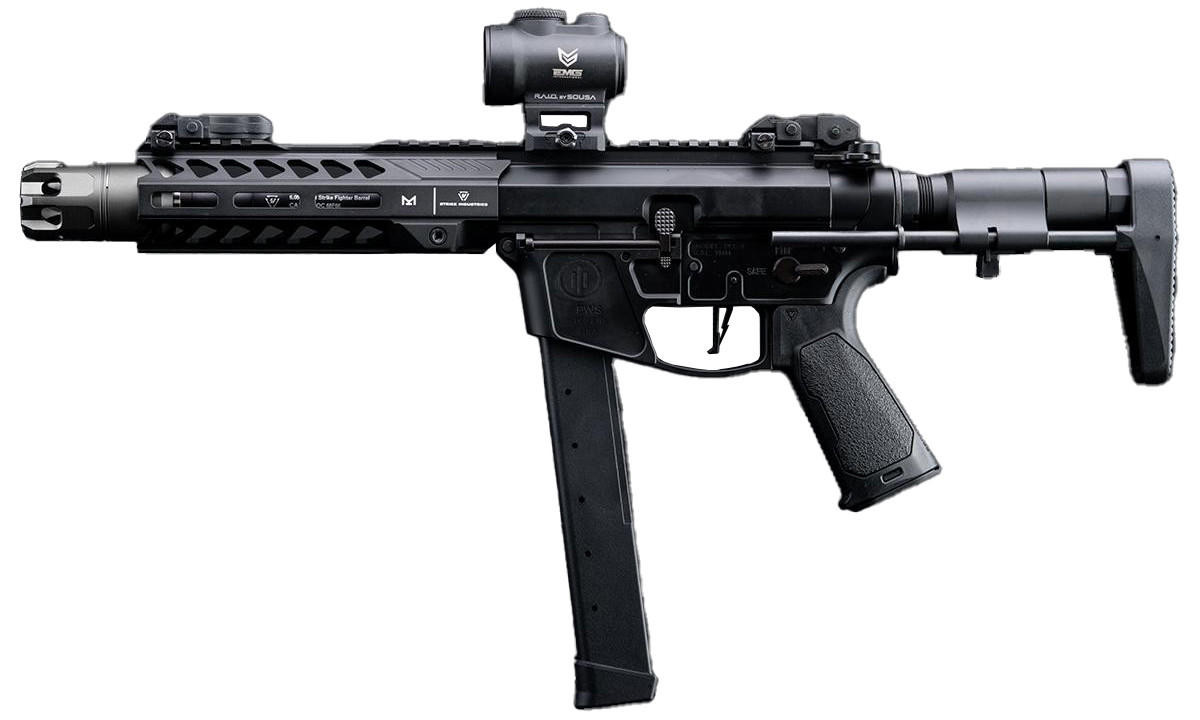 EMG Strike Industries x PWS Licensed 9mm Style 7" CQB Airsoft AEG Rifle w/ PDW Stock, Black