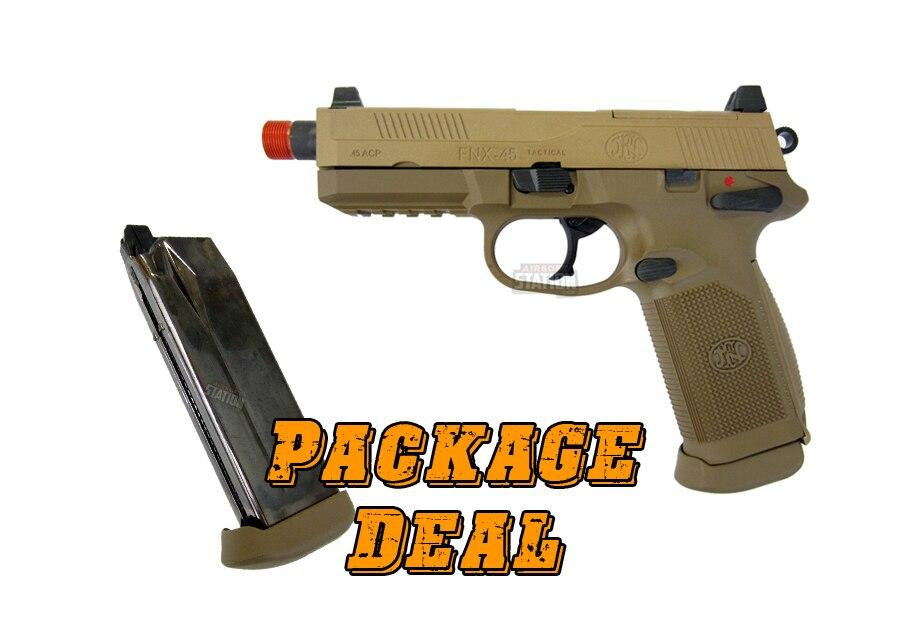 FN Herstal FNX-45 Tactical Metal Gas Blowback Airsoft Pistol, Tan - Combo Package
