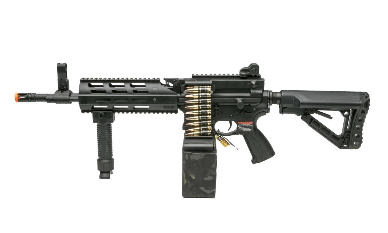 G&G CM16 LMG Airsoft Rifle w/ Camo Mag Cover, Black