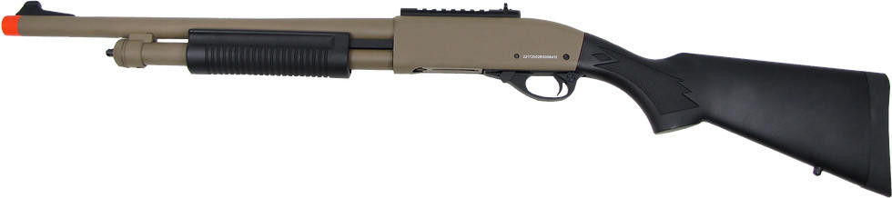 GE/JG M870 Full Metal Tactical Pump Action Tri-Burst Gas Airsoft Shotgun, Tan