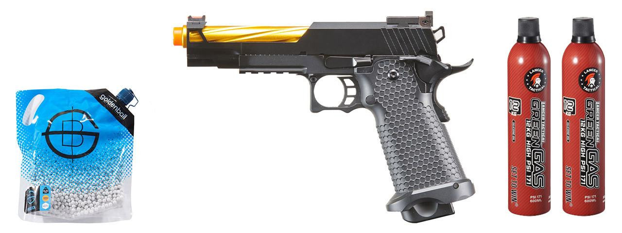 Golden Eagle 3337 OTS .45 Style Hi-Capa GBB Open Slide Airsoft Pistol w/ Green Gas Combo, Black/Gold