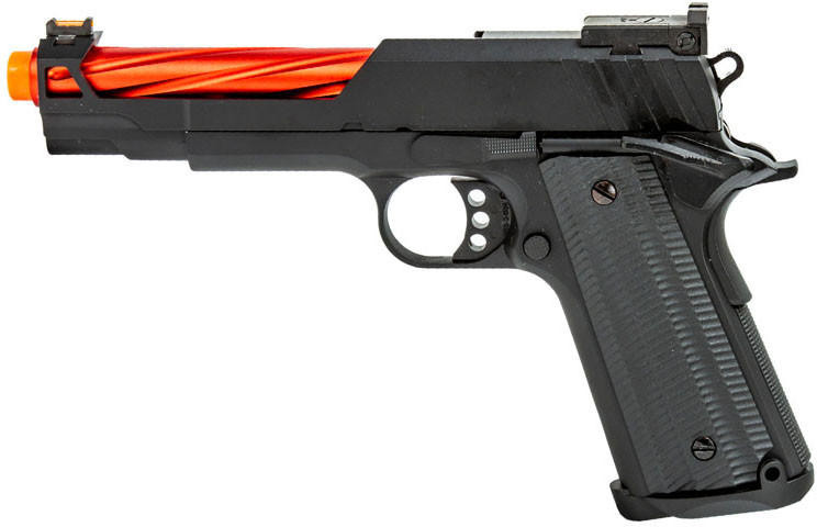 Golden Eagle 3363 1911 GBB Airsoft Pistol w/ Open Slide, Black/Red