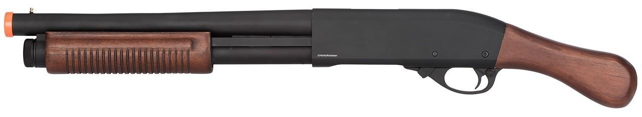 Golden Eagle M870 3/6-Shot Pump Action Sawed-Off Gas Airsoft Shotgun, Black / Wood