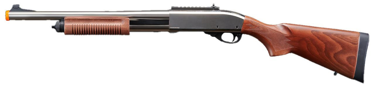 Golden Eagle M8870 3/6-Shot Pump Action Gas Airsoft Shotgun w/ Ghost Ring Iron Sights, Silver/Wood