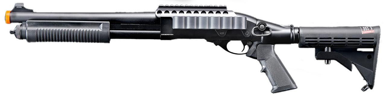 Golden Eagle M8873 3/6-Shot Pump Action CO2 Airsoft Shotgun w/ Optic Rail & M4 Crane Stock, Black