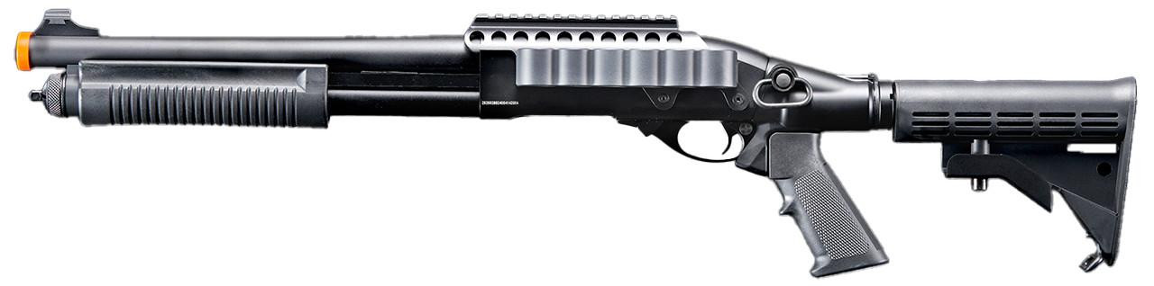 Golden Eagle M8873 3/6-Shot Pump Action Gas Airsoft Shotgun w/ Optic Rail & M4 Crane Stock, Black