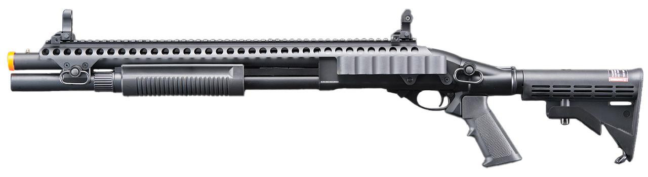 Golden Eagle M8874 3/6-Shot Pump Action CO2 Airsoft Shotgun w/ Flip Up Sights, Picatinny Rail & M4 C