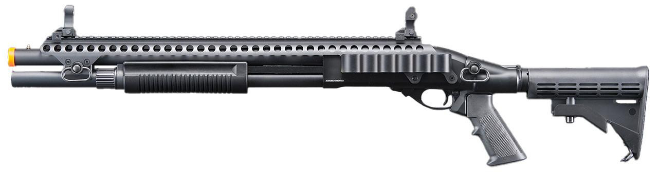 Golden Eagle M8874 3/6-Shot Pump Action Gas Airsoft Shotgun w/ Flip Up Sights, Picatinny Rail & M4 C