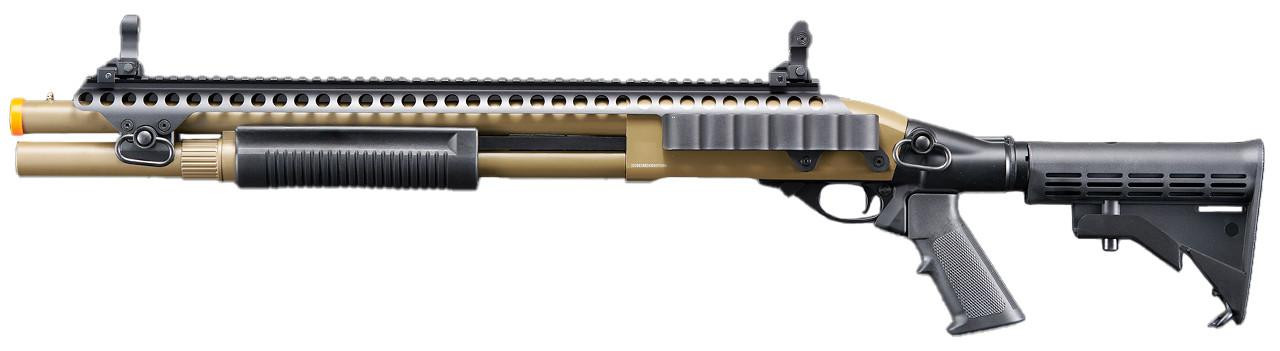 Golden Eagle M8874 3/6-Shot Pump Action Gas Airsoft Shotgun w/ Flip Up Sights, Picatinny Rail & M4 C