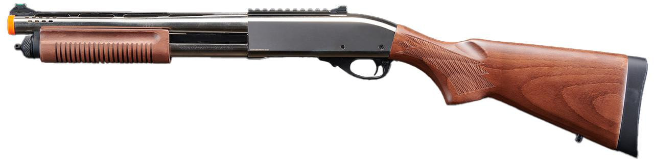 Golden Eagle M8885 3/6-Shot Pump Action Gas Airsoft Shotgun w/ Fiber Optic Sights, Silver/Wood