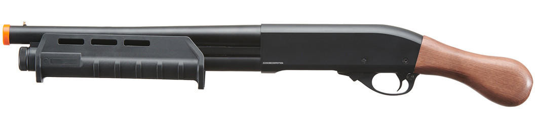 Golden Eagle Tactical M870 3/6-Shot Pump Action Sawed-Off Gas Airsoft Shotgun, Wood/Black