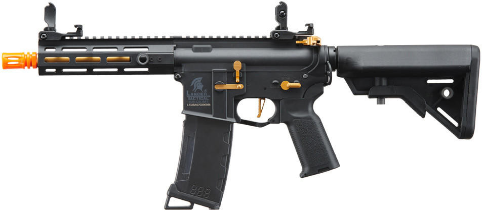 Lancer Tactical Gen 3 Hellion 7" M-LOK Airsoft AEG Rifle w/ Crane Stock, Black/Gold