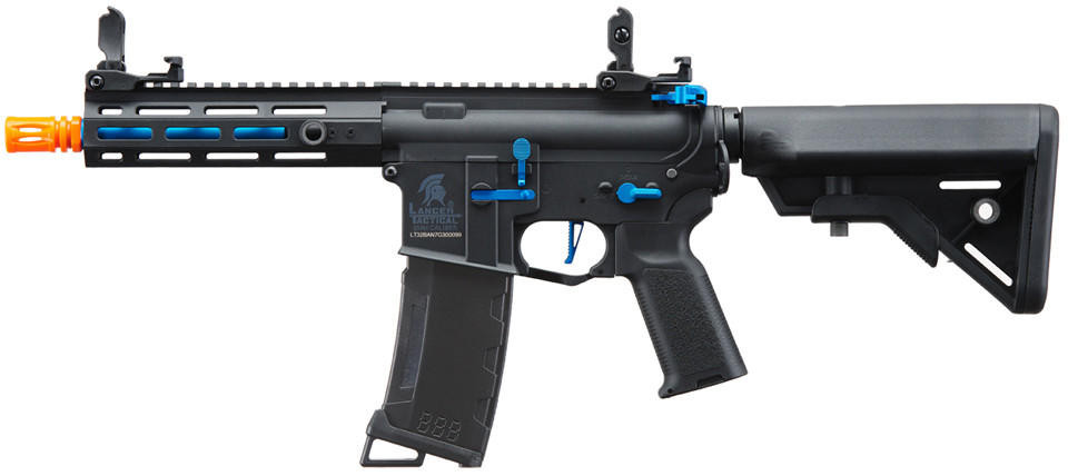 Lancer Tactical Gen 3 Hellion 7" M-LOK Airsoft AEG Rifle w/ Crane Stock, Black/Blue