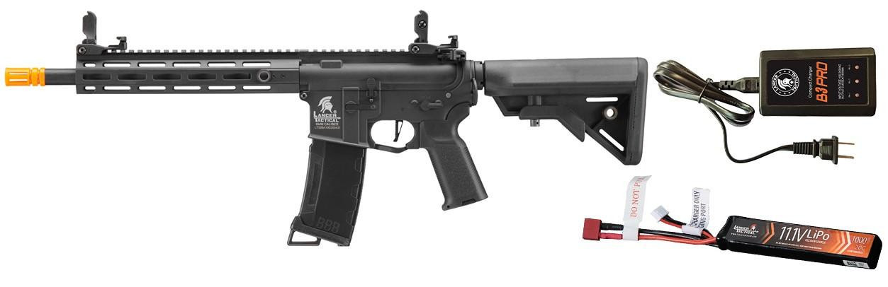 Lancer Tactical Gen 3 M4 Hellion M-LOK 10" Airsoft AEG Rifle w/ LiPO Battery/Charger Bundle, Black