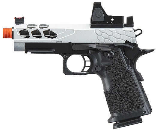 Lancer Tactical Stryk Hi-Capa 4.3 Gas Blowback Airsoft Pistol w/ Reflex Red Dot Sight, Black & Silve