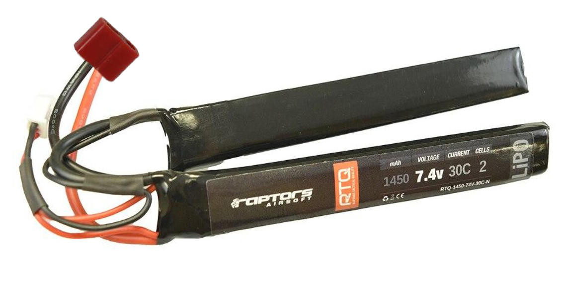 Raptors Airsoft RTQ 7.4v 1450 mAh 30C Nunchuck LiPO Battery, Deans / T-Plug