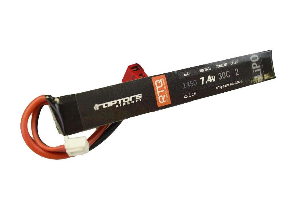 Raptors Airsoft RTQ 7.4v 1450 mAh 30C Stick LiPO Battery, Deans / T-Plug