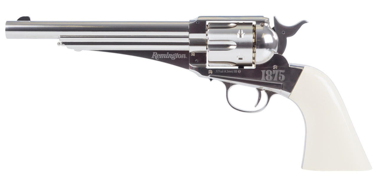 Remington 1875 CO2 Dual Ammo Replica 0.177 Cal Revolver Airgun, Silver/White