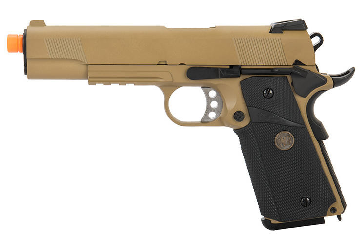 WE Tech 1911 Full Metal MEU Airsoft Gas Blowback Pistol, Tan