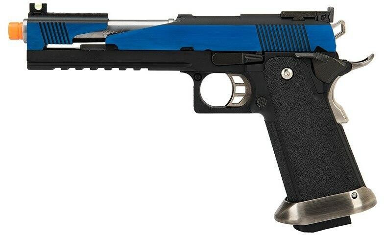 WE Tech 1911 Hi-Capa T-Rex Competition Gas Blowback Airsoft Pistol w/ Top Ports, Blue / Silver