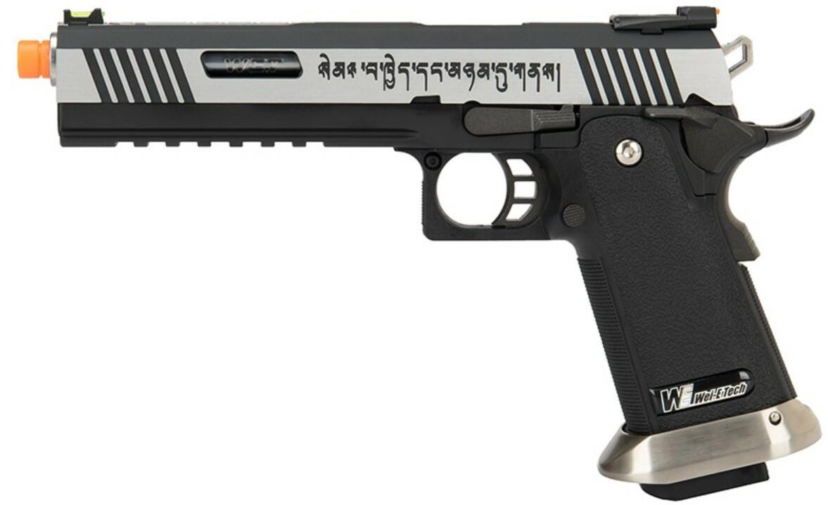 WE Tech 1911 Hi-Capa T-Rex Competition Gas Blowback Airsoft Pistol, Tibetan Version, Two Tone/Silver