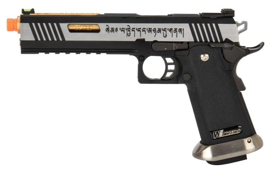 WE-Tech Hi-Capa 6" IREX Full Auto Competition GBB Airsoft Pistol, Black/Silver/Gold Barrel with Mark