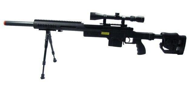 WELL Airsoft Spring Scout Sniper Rifle with Folding Stock, Scope, Bipod, & Tubular RIS