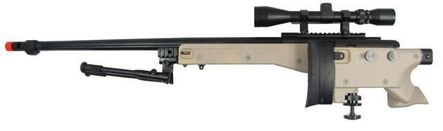 WELL L96 Airsoft Spring Sniper Rifle with Folding Stock, Scope, Bipod, and Monopod - FDE/Tan