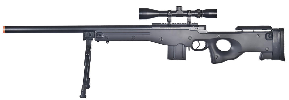 WELL L96 AWS Bolt Action Airsoft Rifle with Bipod and Scope, Black