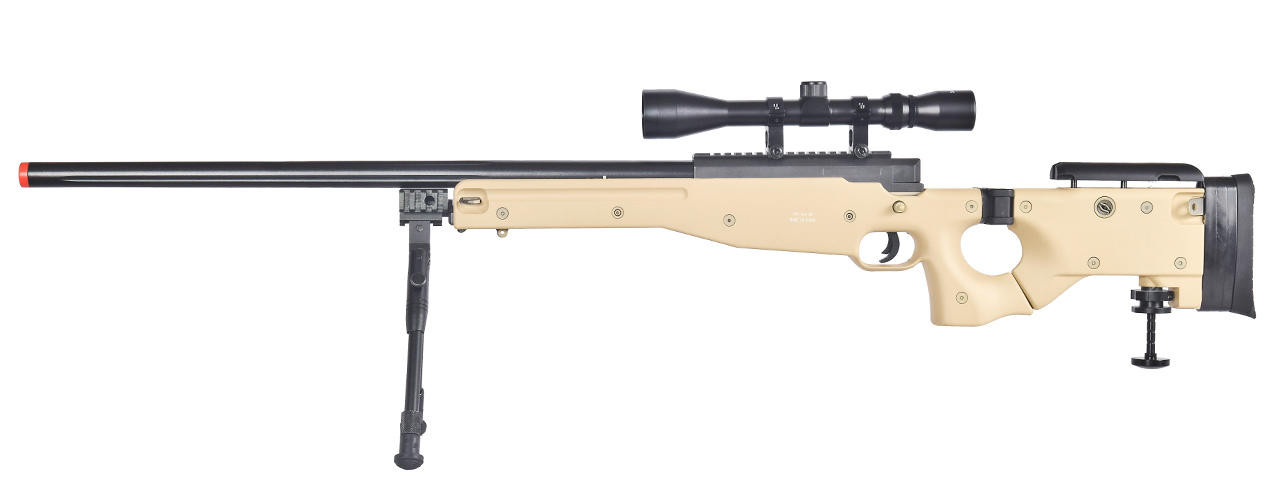 WELL MB08TAB L96 AWP Bolt Action Airsoft Rifle with Folding Stock Bipod & Scope, Tan/Black