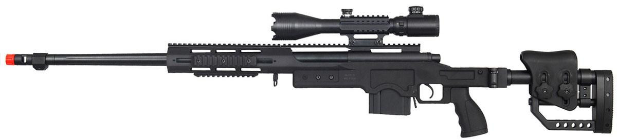 WellFire Bolt Action Airsoft Sniper Rifle w/ Fluted Barrel & Illuminated Scope, Black