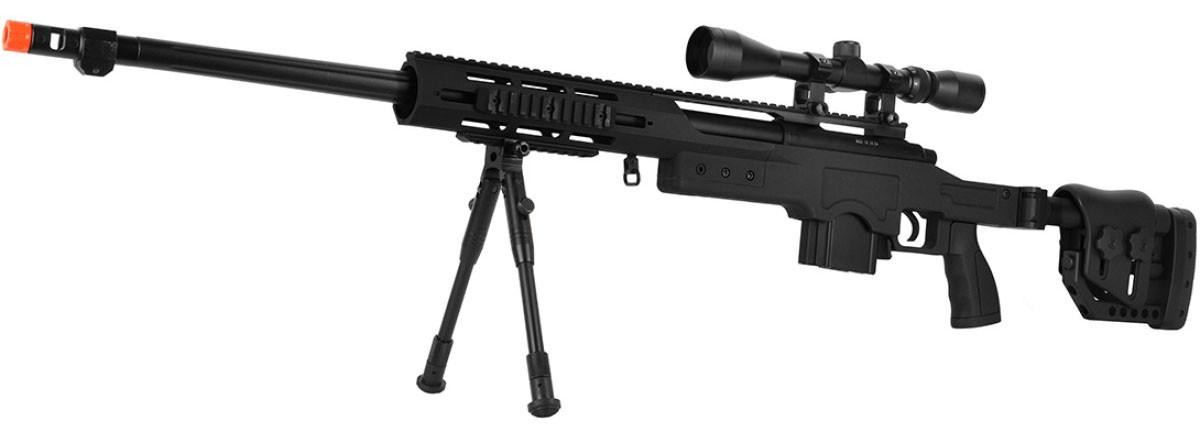 WellFire MB4411D Bolt Action Airsoft Sniper Rifle w/ Scope and Bipod, Black
