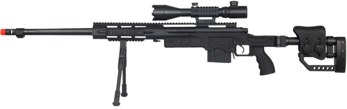WellFire MB4411D Bolt Action Airsoft Sniper Rifle w/ Illuminated Scope & Bipod, Black