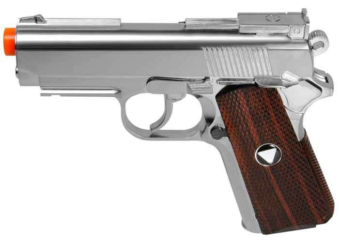 Win Gun Metal M1911 CO2 Pistol, Chrome w/ Wood Grip